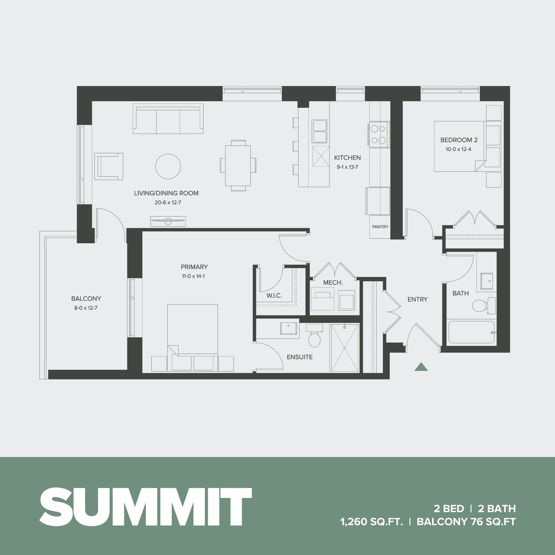 Floor plan of an apartment named Summit with two bedrooms, two bathrooms, a balcony, living/dining room, kitchen, primary bedroom with walk-in closet and ensuite, second bedroom, and entryway.