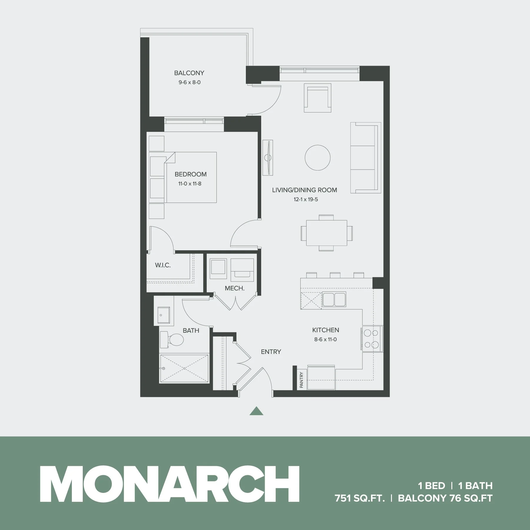 Floor plan of a one-bedroom apartment with a balcony, living/dining room, kitchen, bedroom, walk-in closet, bathroom, mechanical closet, and entry area.