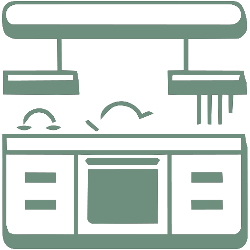 Line drawing of a modern kitchen with cabinets, a stove, and hanging lights.