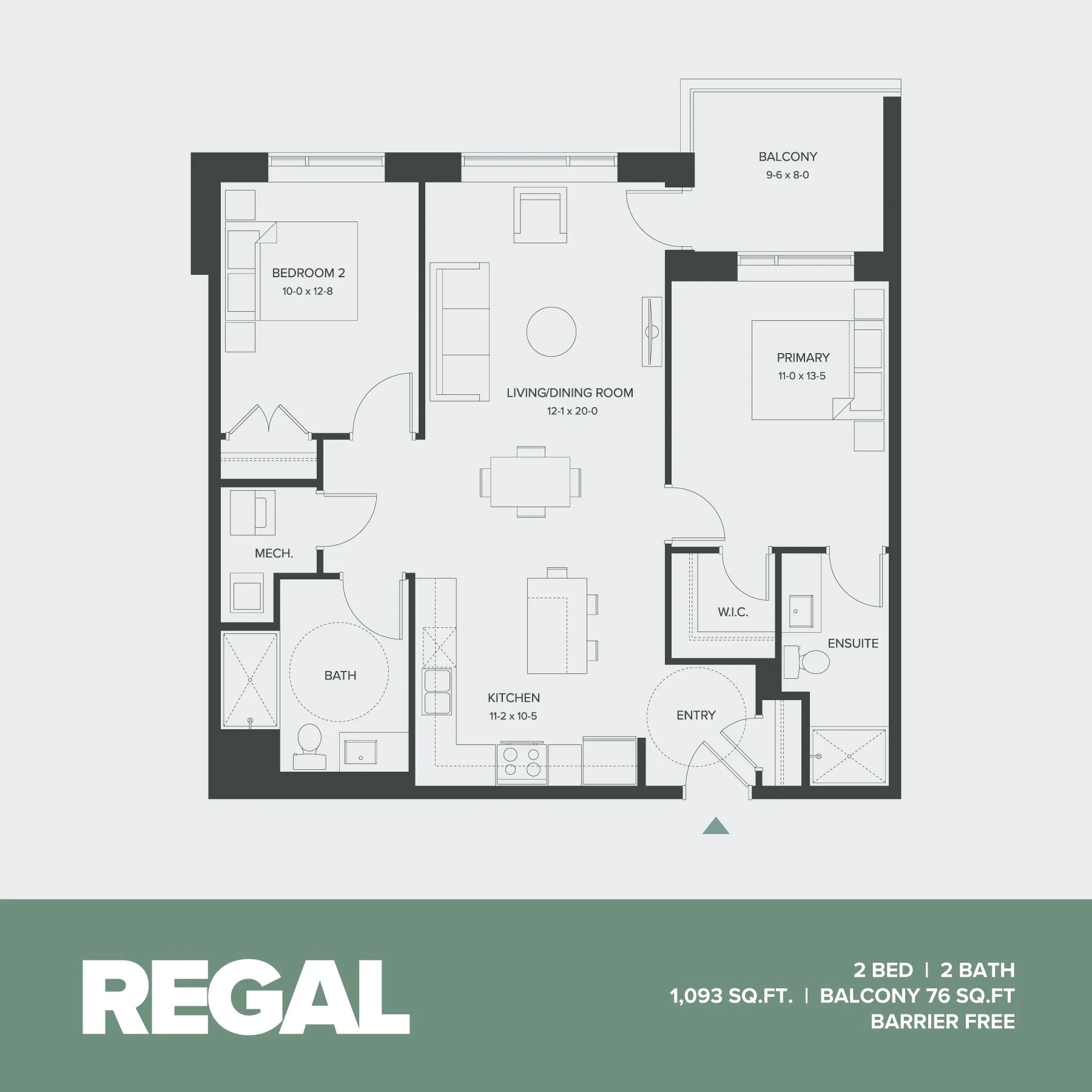 Floor plan of a 2-bedroom, 2-bath apartment called Regal, with a living/dining room, kitchen, balcony, walk-in closet, and en suite bathroom.