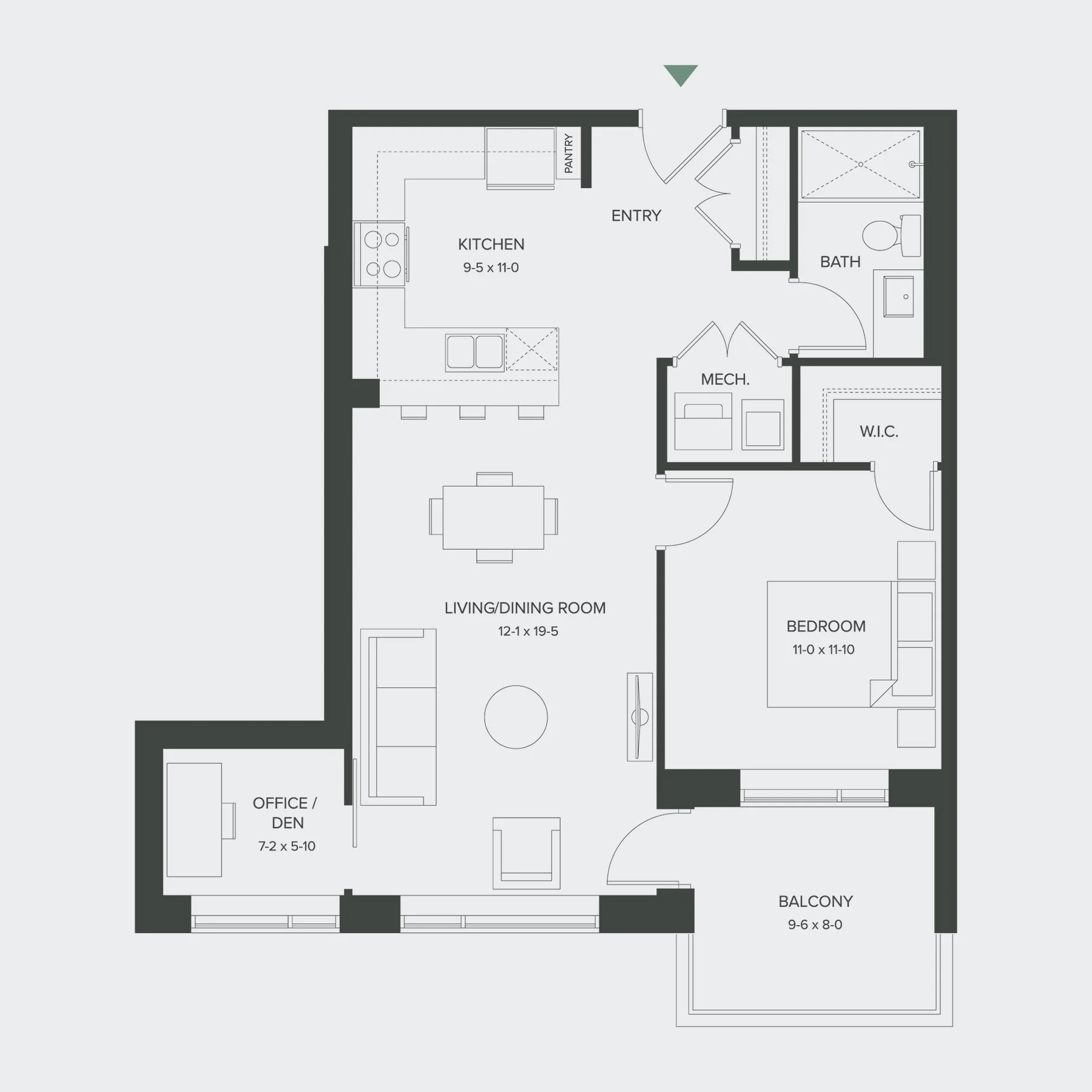 Floor plan of an apartment with labeled rooms including kitchen, living/dining room, bedroom, office/den, bathroom, mechanical room, walk-in closet, balcony, and entryway.