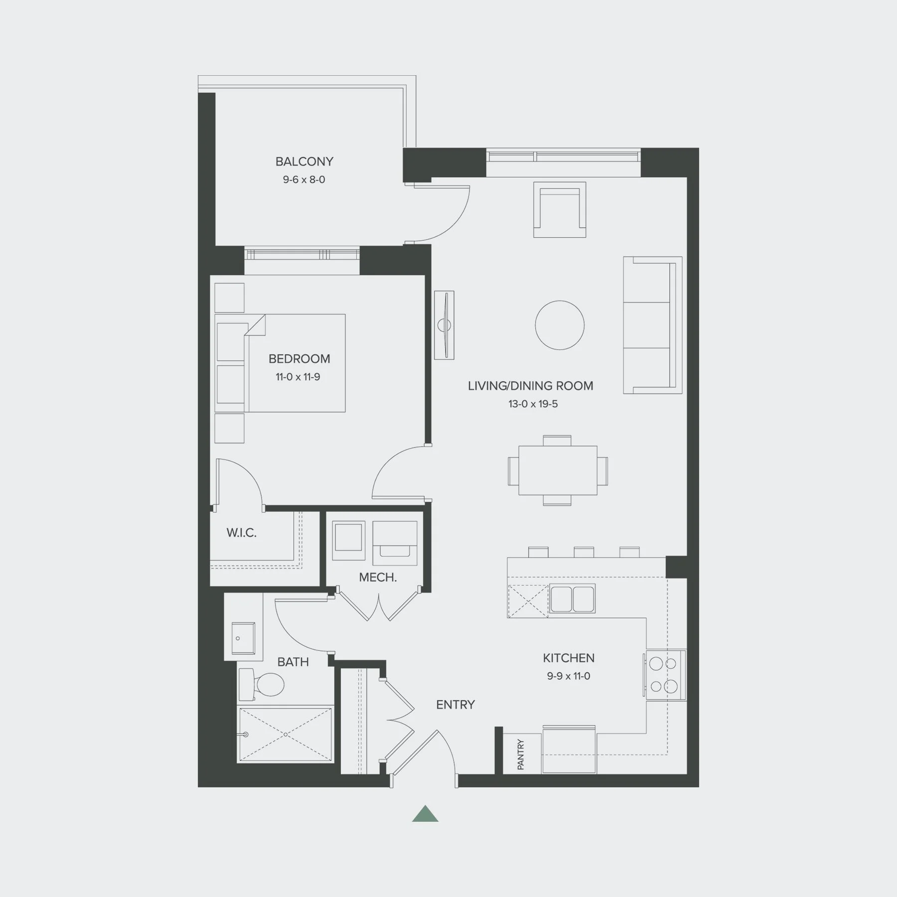 Floor plan of a house showing a kitchen, entryway, bathroom, bedroom, walk-in closet, mechanical room, living/dining room, balcony, and other rooms.