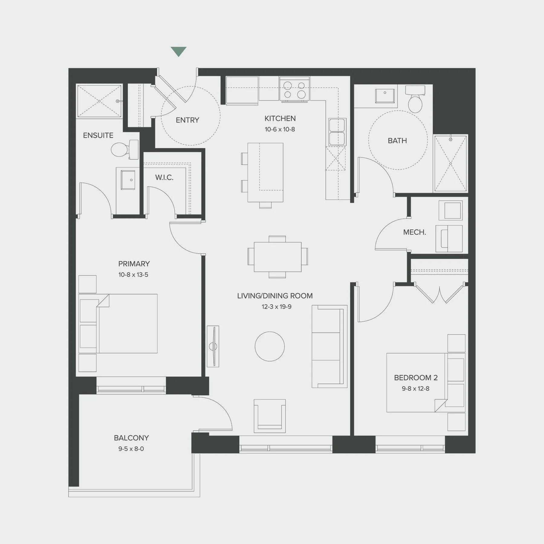 Floor plan of a residential apartment with rooms labeled Primary, Ensuite, Walk-in Closet, Kitchen, Living/Dining Room, Bedroom 2, Bath, Mechanical, and Balcony. The layout includes doorways, windows, and furniture placements.