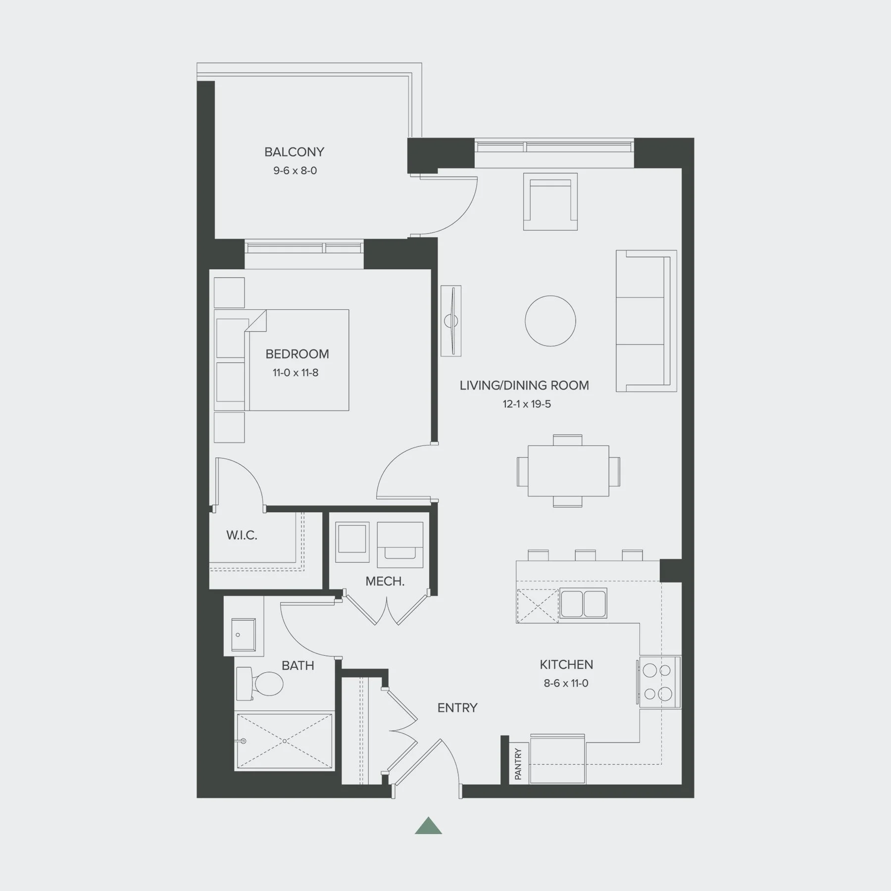 Floor plan of a house including entry, kitchen, bathroom, bedroom, walk-in closet, mechanical room, living/dining room, and balcony.