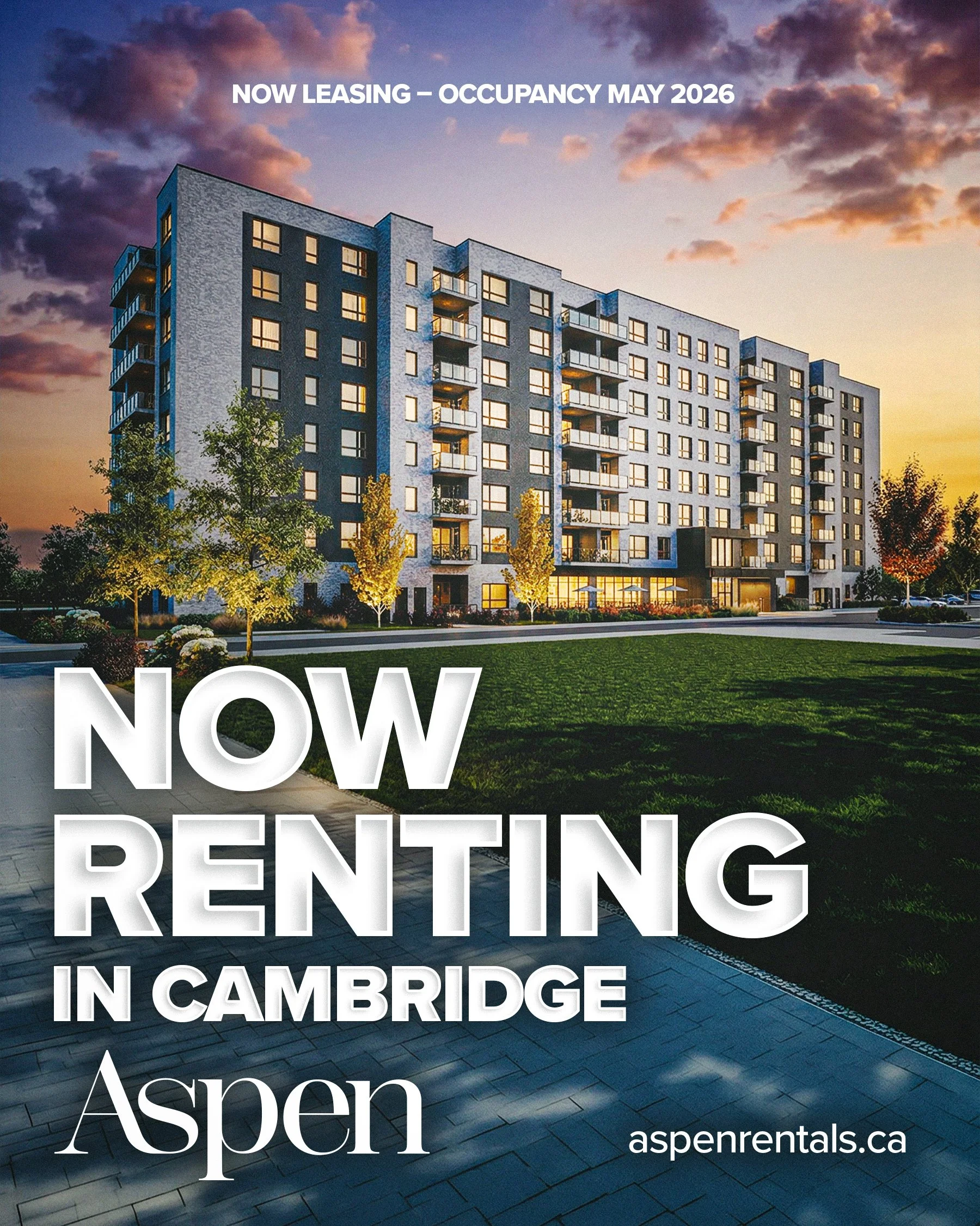 Exterior view of a modern apartment building with multiple balconies, trees, and a landscaped yard, advertising leasing availability in Cambridge for May 2026 with the Aspen property management.