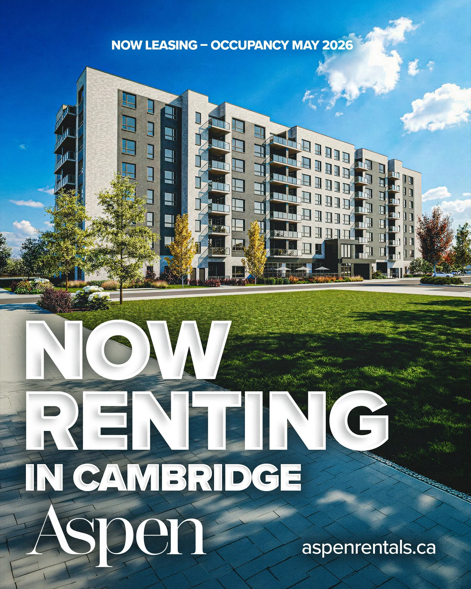 A modern multi-story apartment building with balconies, surrounded by green lawn and trees, under a blue sky with clouds. Text overlay advertises that units are now leasing with occupancy starting May 2026, located in Cambridge, Aspen, with a website
