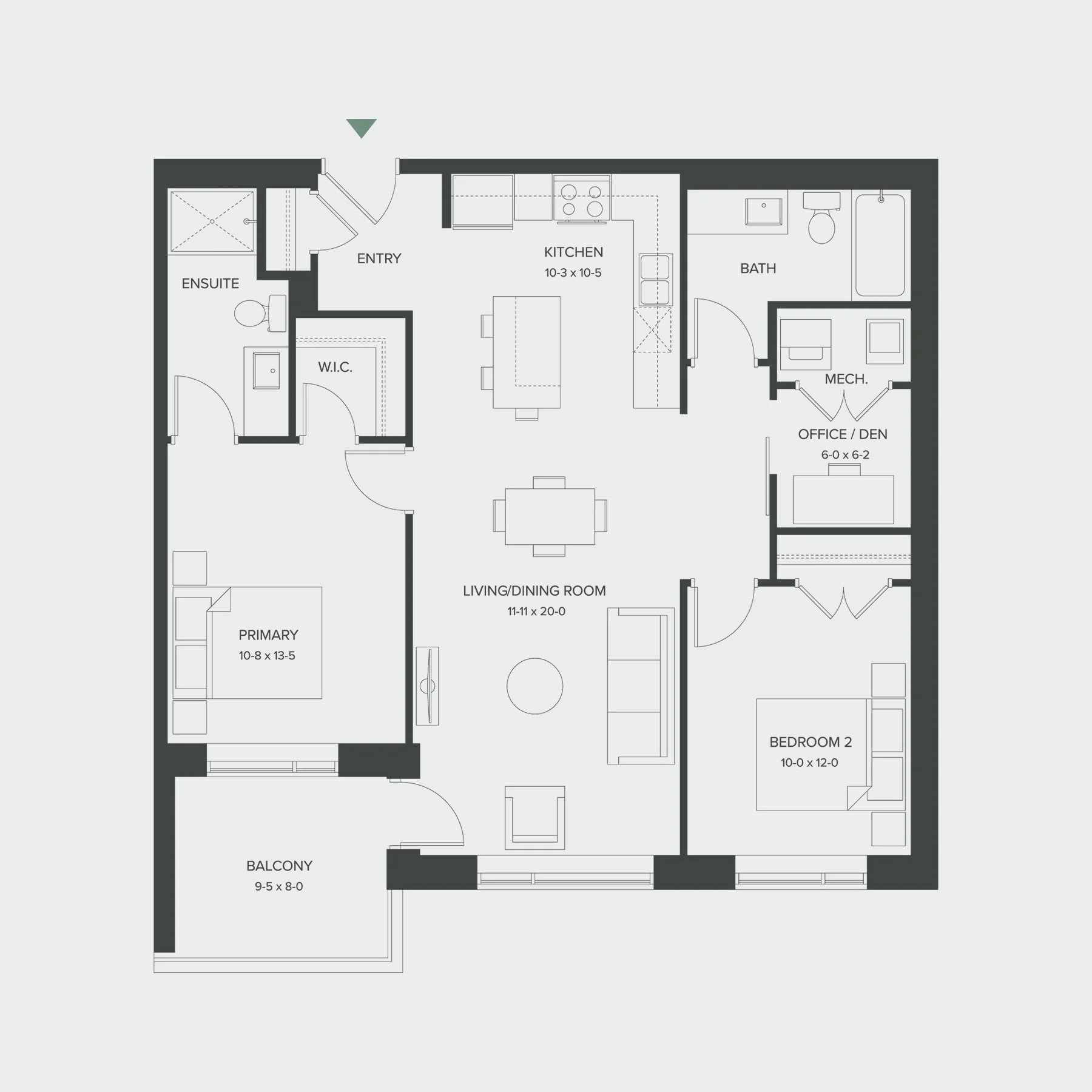 Detailed floor plan of a house showing various rooms including primary bedroom, living/dining room, balcony, office/den, bedroom 2, kitchen, bathrooms, and closets.