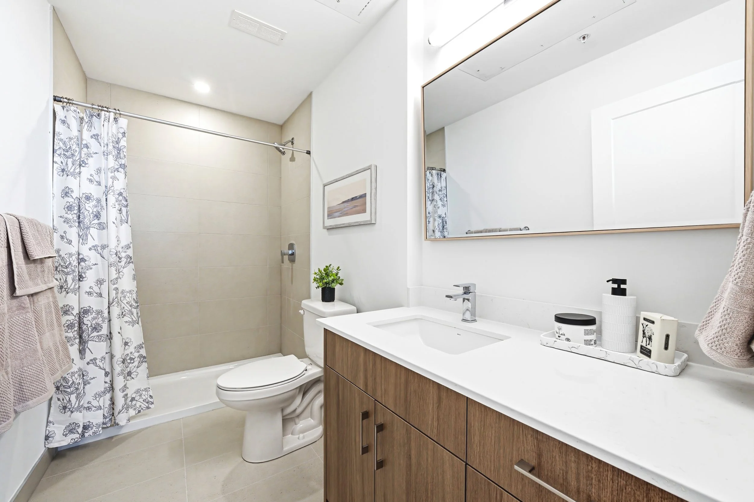 Bathroom with vanity, mirror, sink, countertop, shower with curtain, toilet, and decor items like a plant and wall art.