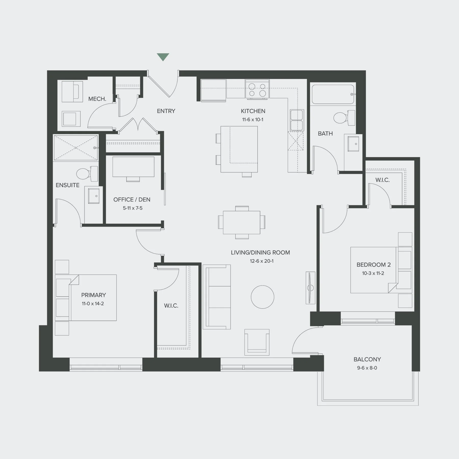 Floor plan of an apartment showing rooms including a primary bedroom, secondary bedroom, office/den, living/dining room, kitchen, bathrooms, balcony, and walk-in closet.