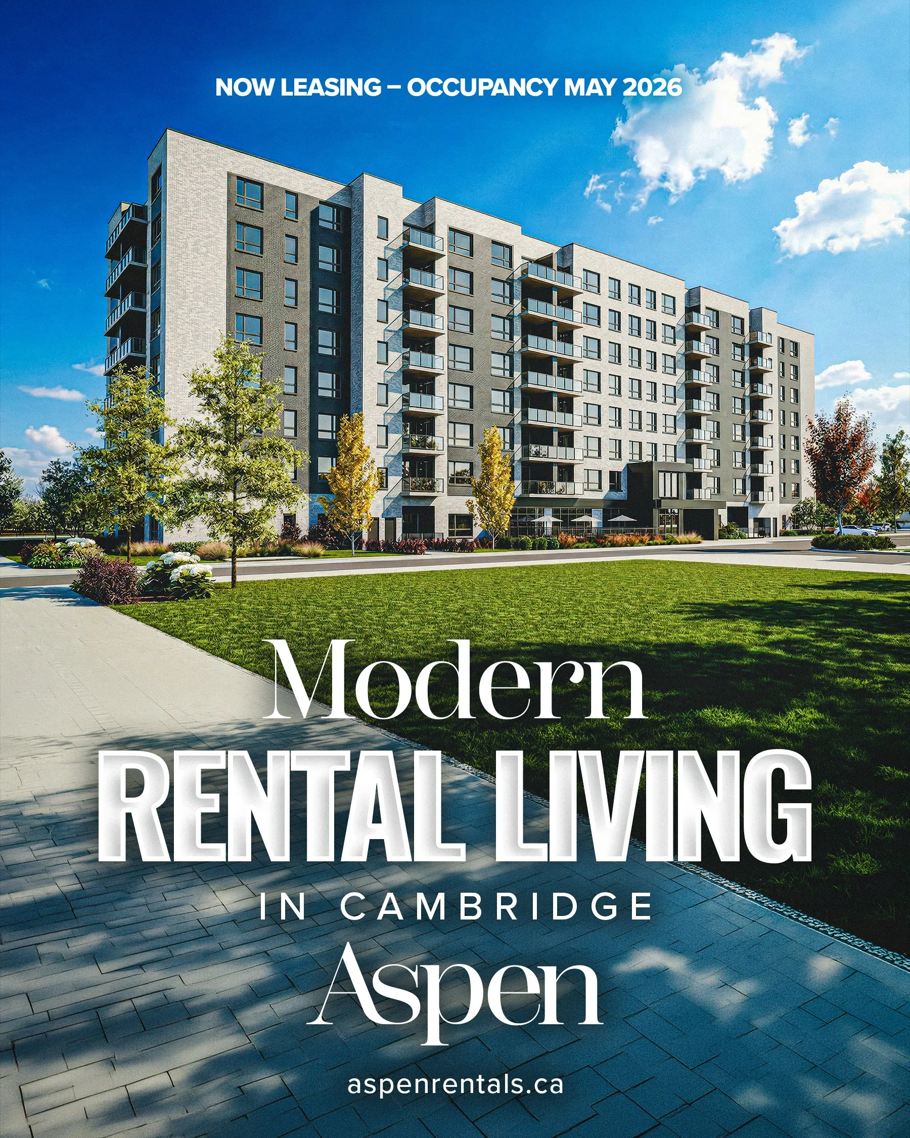 Modern apartment building with balconies and landscaped green lawn under a blue sky, advertising rental units in Cambridge, Aspen, with website aspenrentals.ca.