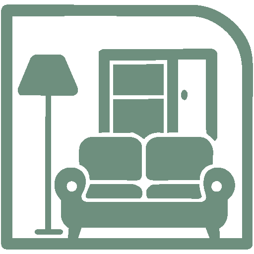 A simple line drawing of a living room with a couch, a lamp, a window, and a door.