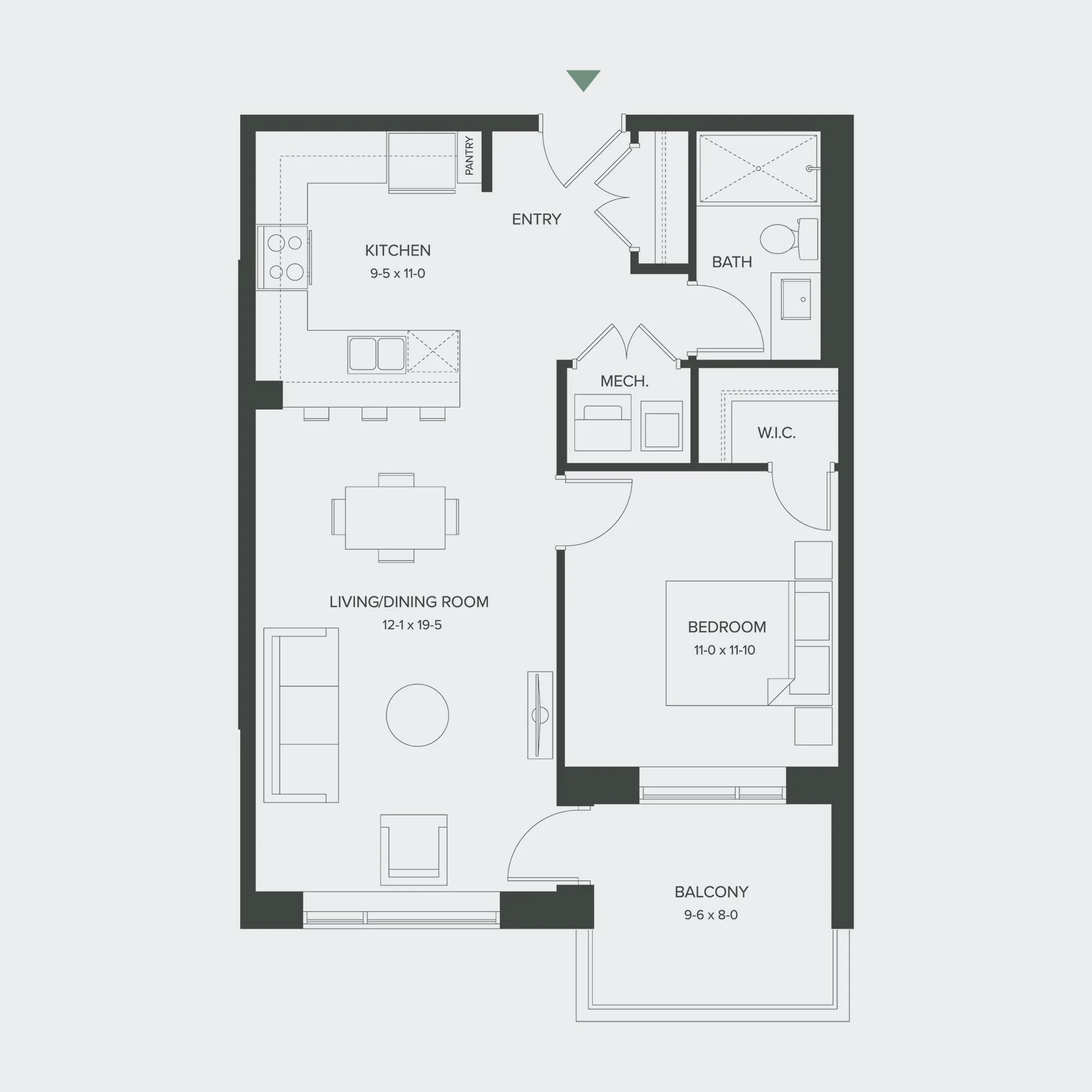 Floor plan of a residential apartment showing rooms including living/dining room, kitchen, bedroom, bathroom, mechanical room, walk-in closet, entry, and balcony.