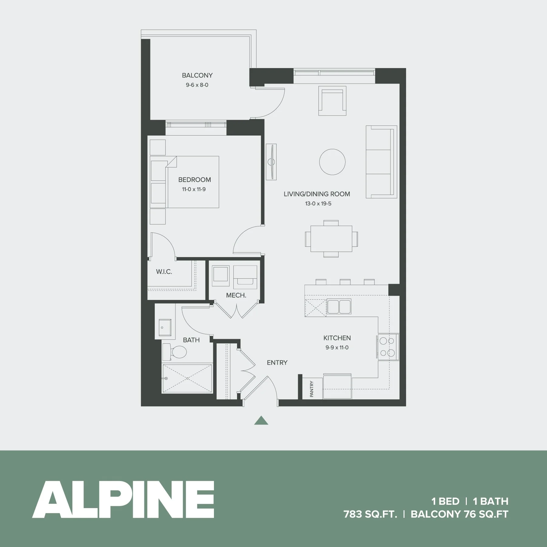 Floor plan of an apartment labeled Alpine, with one bedroom, one bathroom, a kitchen, a living/dining room, a balcony, and a walk-in closet, totaling 783 square feet with a 76 square foot balcony.