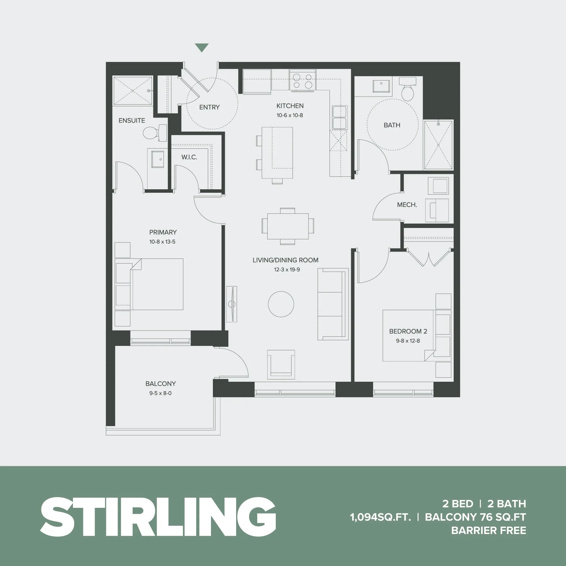 Floor plan of a two-bedroom, two-bath apartment with a balcony, kitchen, living/dining room, primary bedroom with ensuite and walk-in closet, second bedroom, bathroom, mechanical room, and entry area.