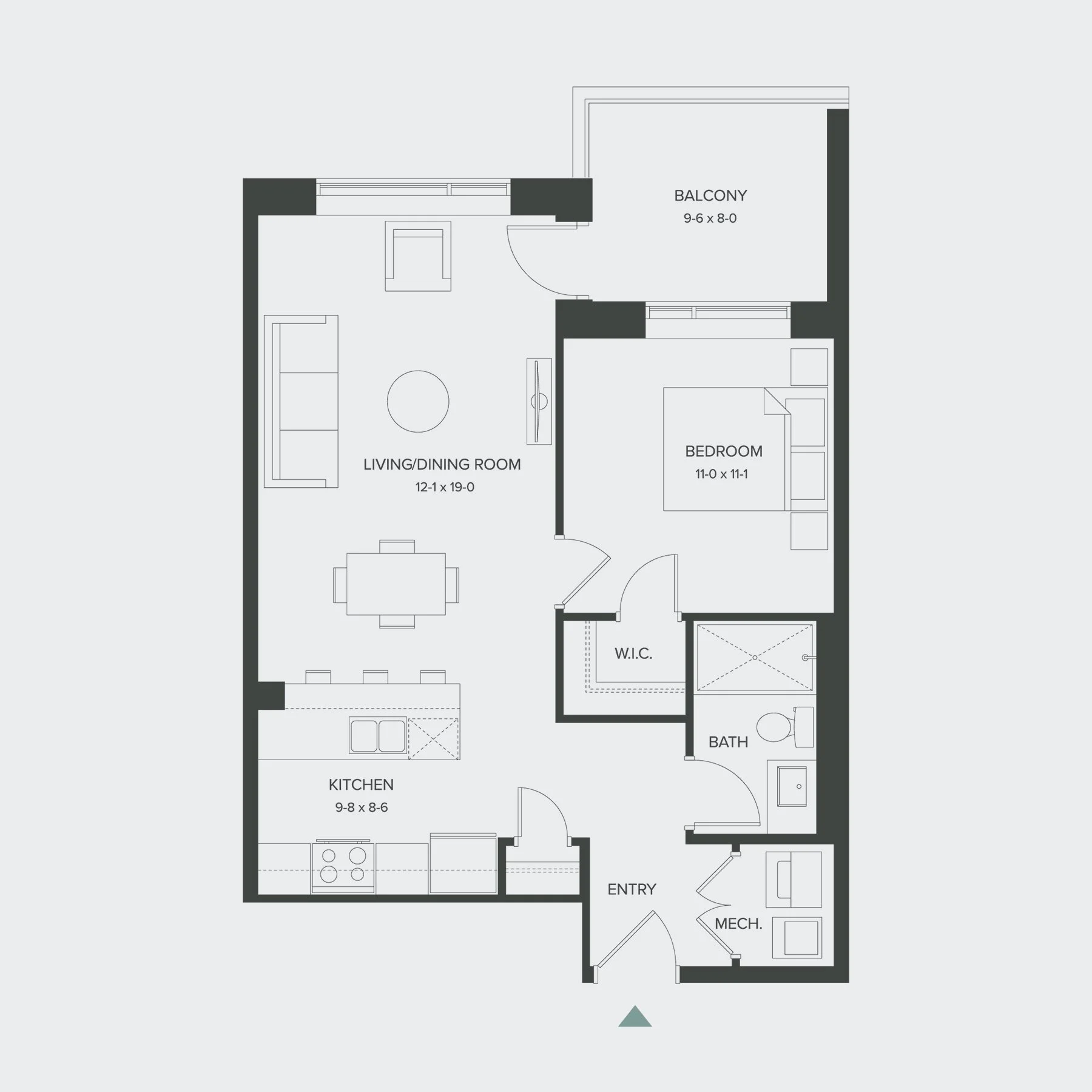 Floor plan of a residential apartment showing rooms labeled Entry, Kitchen, Living/Dining Room, Bedroom, Balcony, Bath, and walk-in closet.