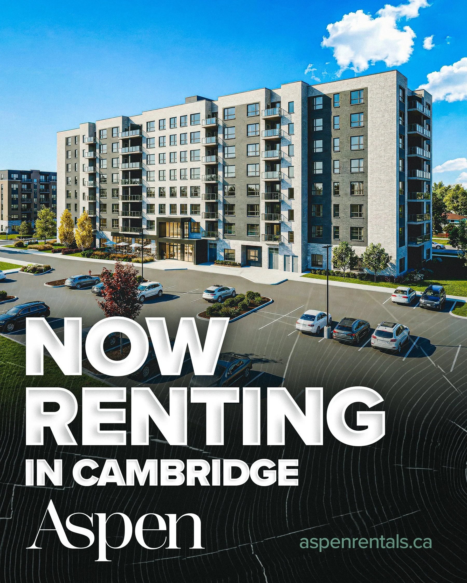 Modern apartment building with parking lot and trees in Cambridge, Aspen rentals advertisement.
