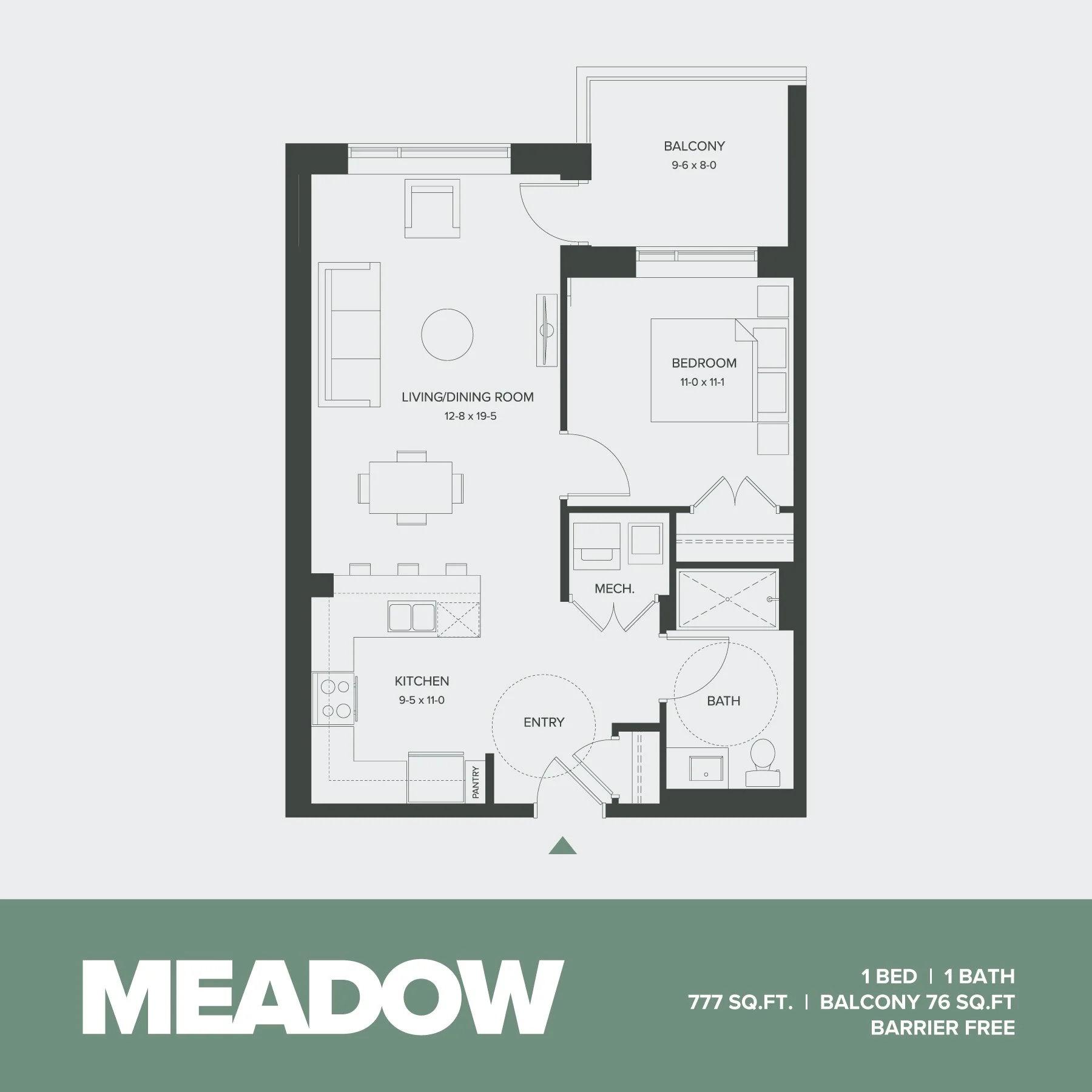 Floor plan of a one-bedroom, one-bathroom apartment named Meadow, measuring 777 square feet with a balcony of 76 square feet, barrier-free design. The layout includes an entry, kitchen with pantry, living/dining room, bedroom, bathroom, balcony, and 