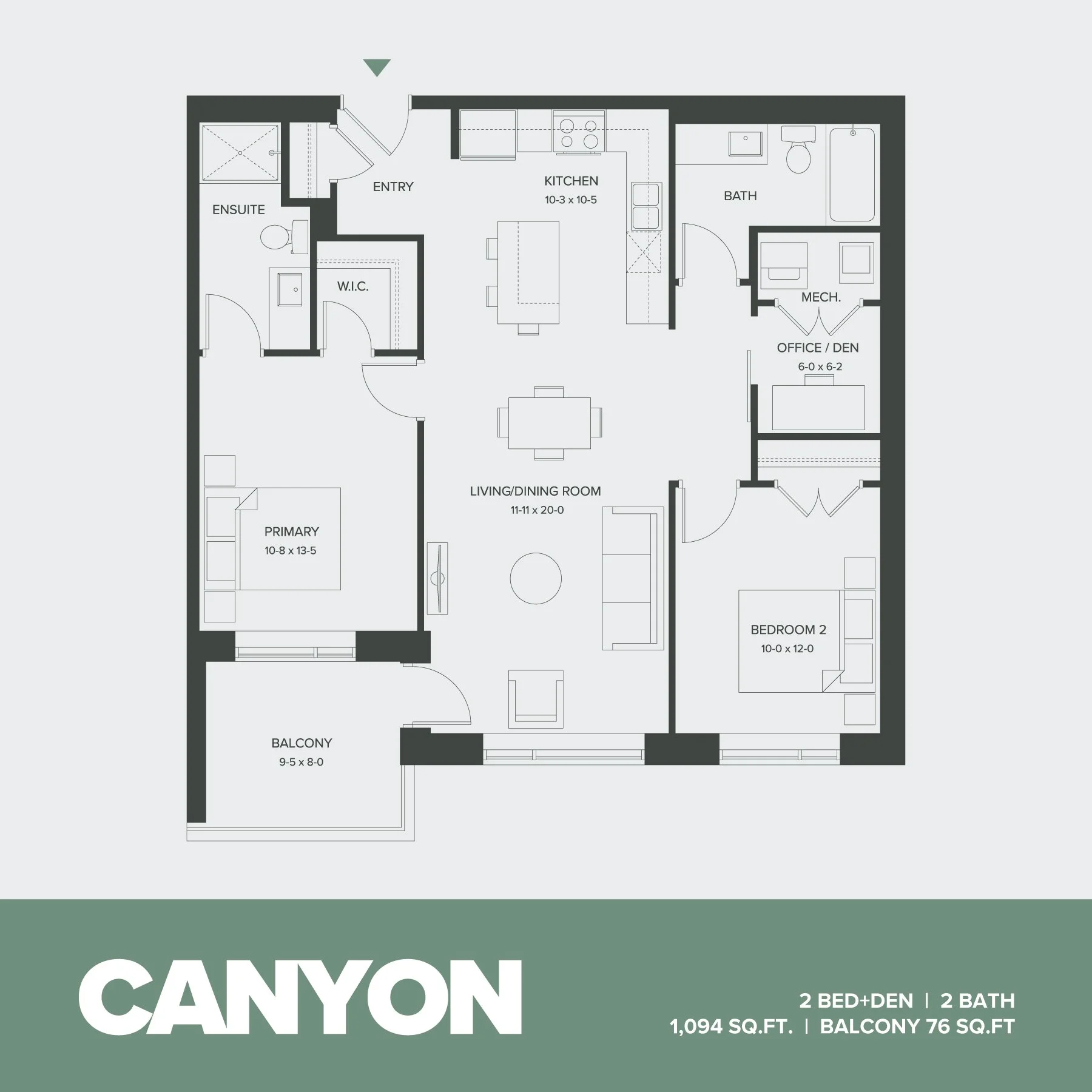 Floor plan of a two-bedroom apartment called Canyon with two bathrooms, a balcony, and a den. Features include an entryway, kitchen, living/dining room, primary bedroom with ensuite and walk-in closet, a second bedroom, a bathroom, an office/den, and