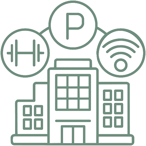 Illustration of a building with three circular icons above it representing fitness, parking, and Wi-Fi connectivity.