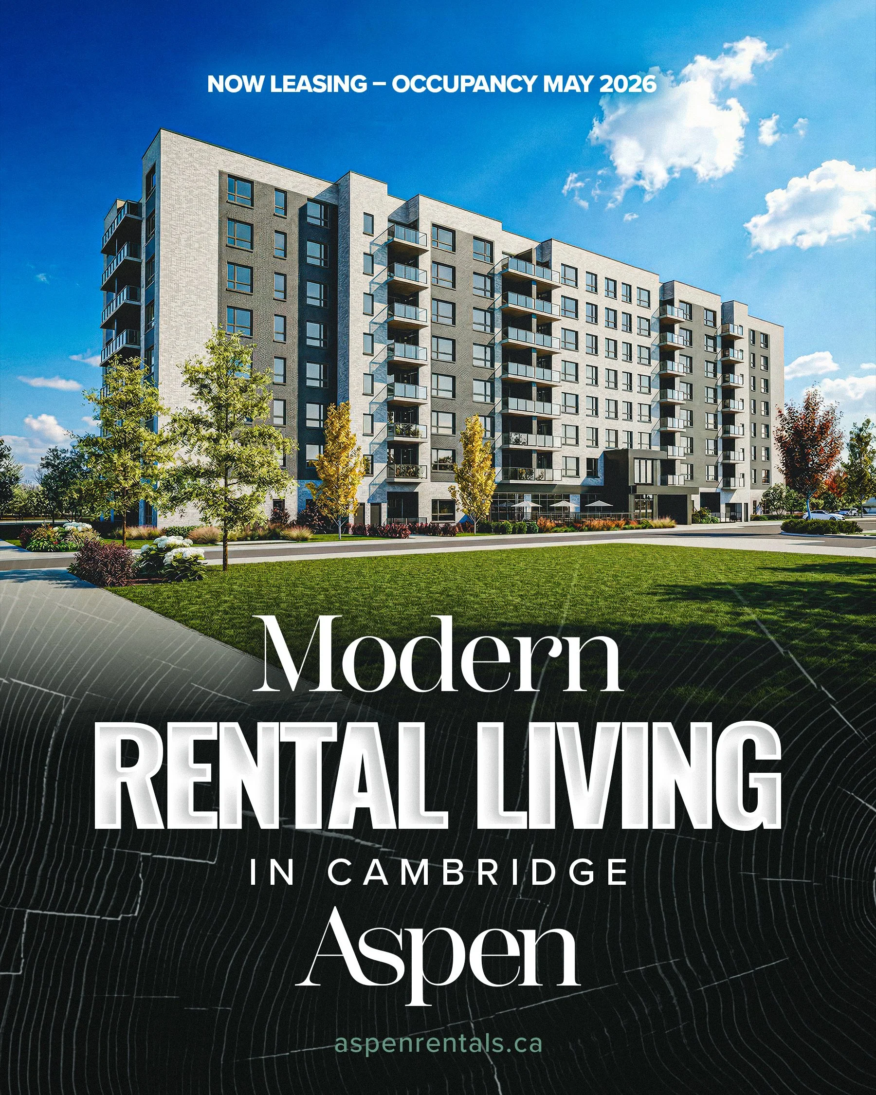 A modern multi-story apartment building with balconies, surrounded by trees and green lawn under a blue sky, advertising rental living in Cambridge for Aspen rentals.