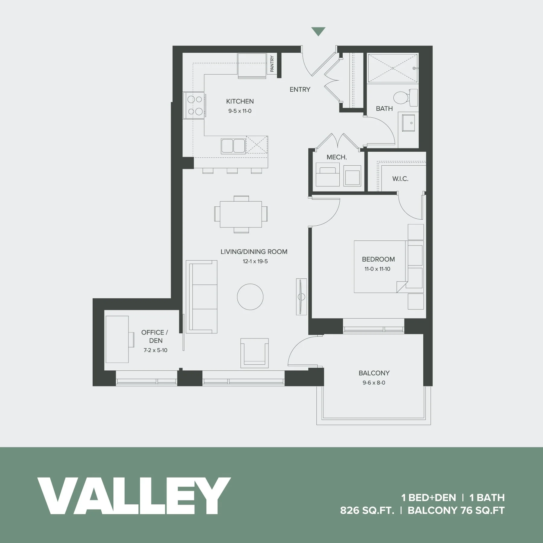 Floor plan of an apartment called 'Valley' with one bedroom, one bathroom, an office/den, a living/dining room, a kitchen, a balcony, and mechanical space.