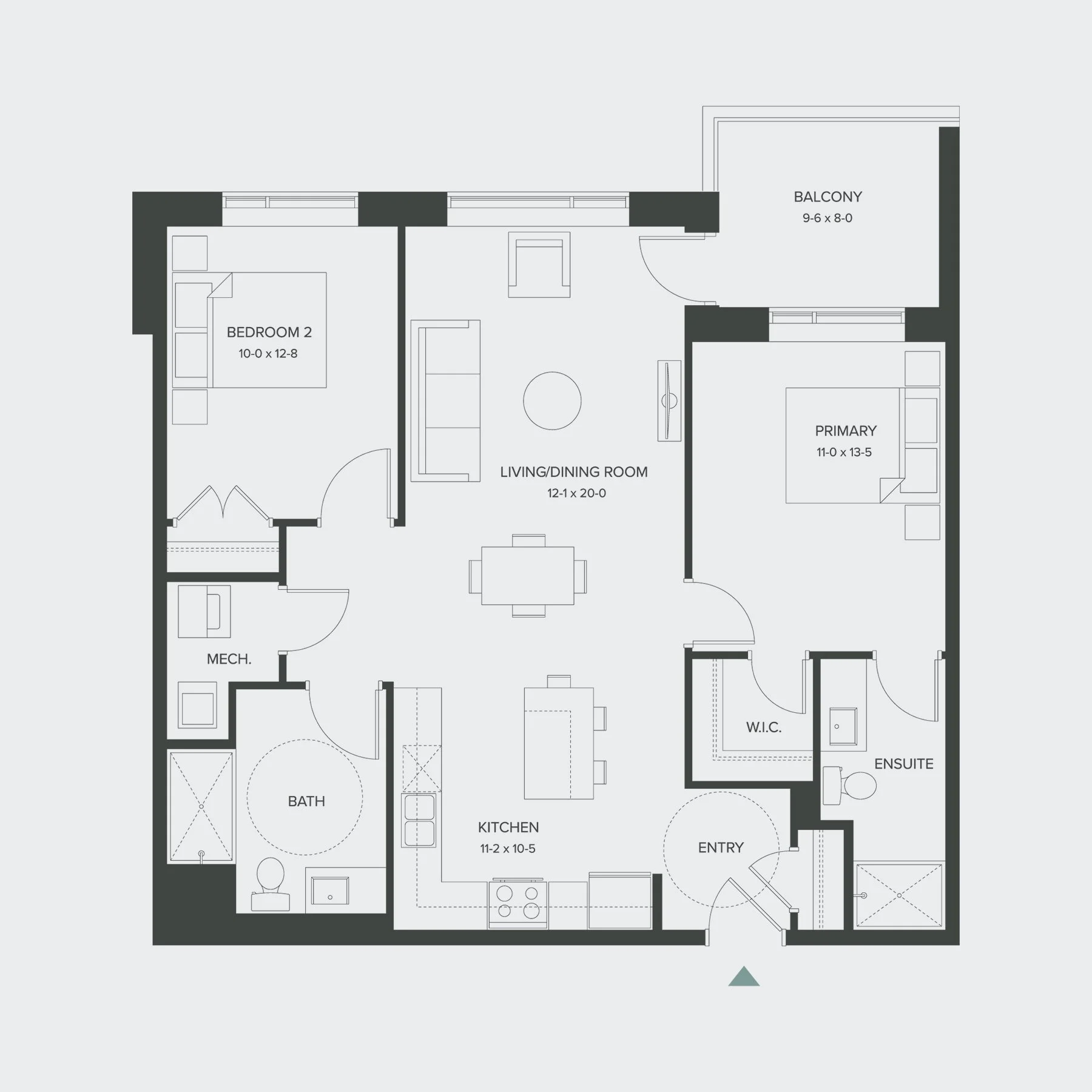 Floor plan of a house showing various rooms including bedrooms, living/dining room, kitchen, bathrooms, entry, walk-in closet, ensuite, mechanical room, and balcony, with measurements.