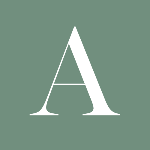 Large white capital letter A with a smaller horizontal line beneath it, on a muted green background.