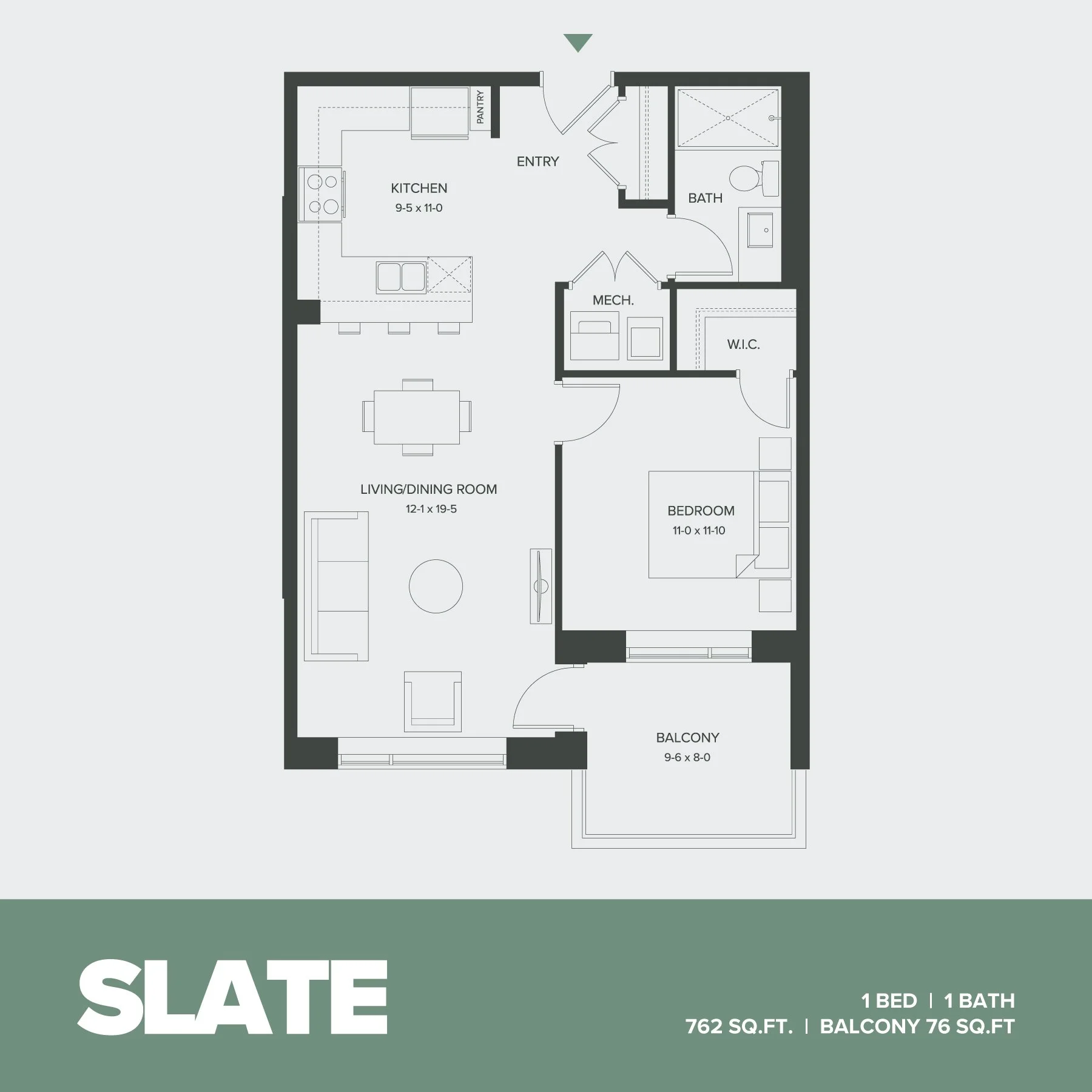 Floor plan of a one-bedroom apartment labeled Slate. It shows a living/dining room, kitchen, bedroom with walk-in closet, bathroom, mechanical closet, entryway, and balcony. Dimensions of each room are included.