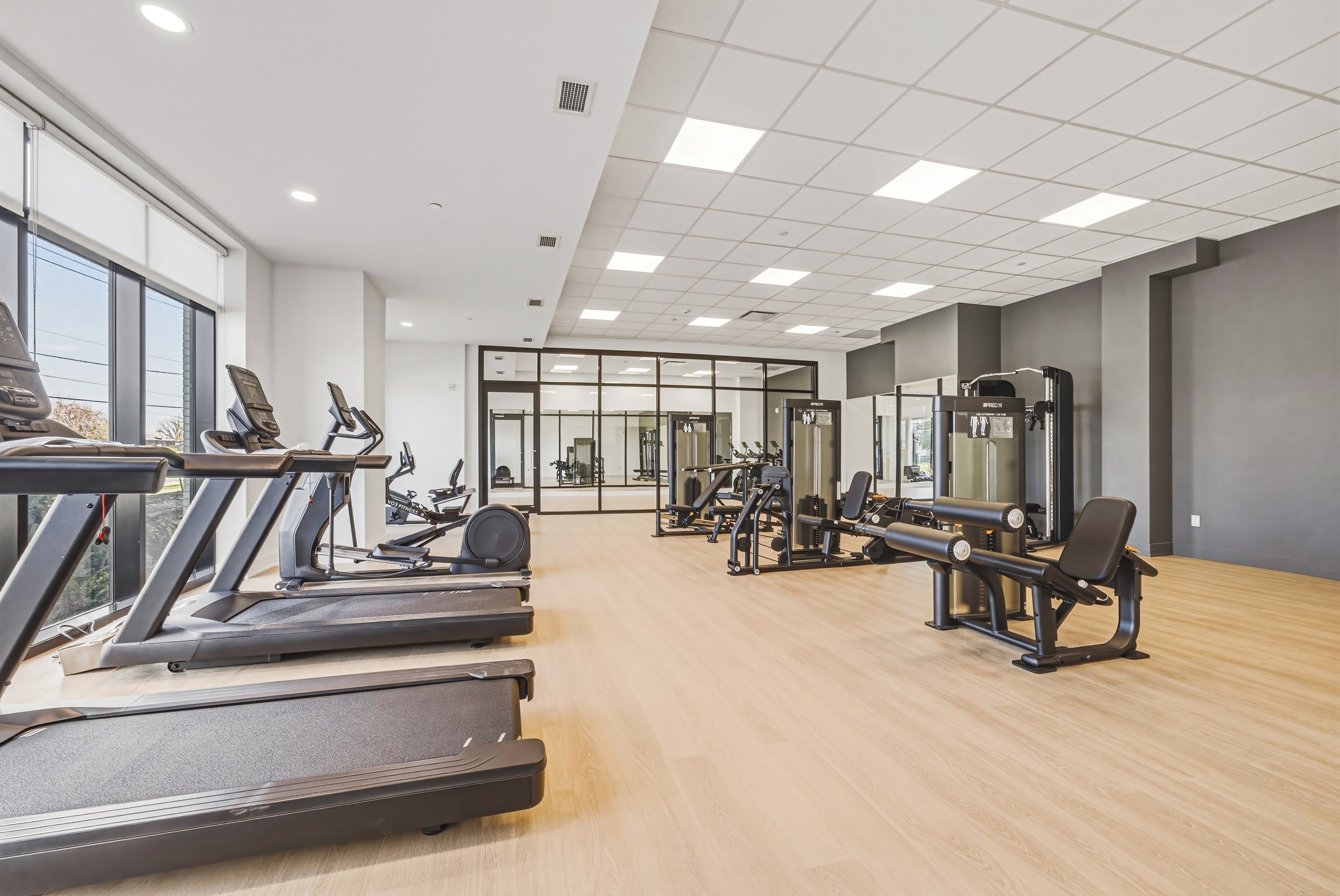 Modern gym with cardio machines like treadmills near large windows and strength training equipment against gray walls.