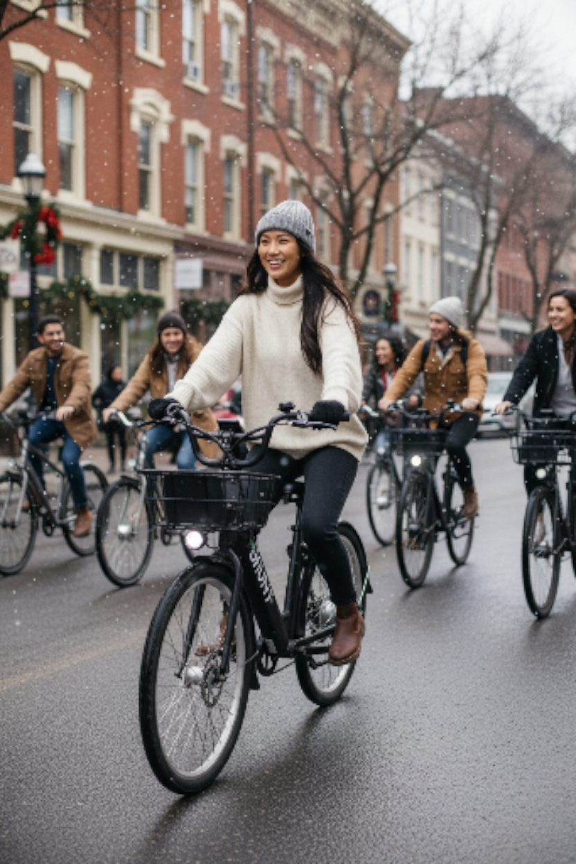 Group of people riding bikes on a city street during snowfall, woman in front smiling, wearing a gray beanie and beige sweater