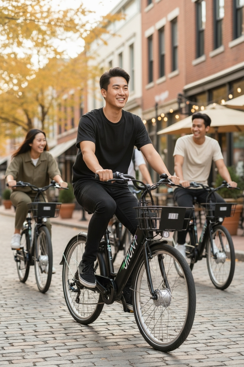 A group of four young adults riding bikes and smiling down a city street lined with trees and buildings, during fall.