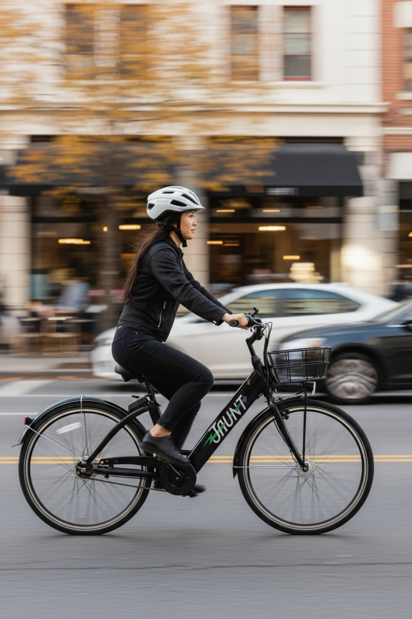 A woman riding a black bike with a front basket down a city street, wearing a white helmet and black clothing, with motion blur of background cars and buildings.