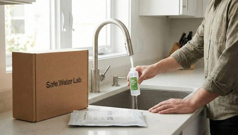 Illustration of a woman cleaning a kitchen countertop with cleaning spray, near the sink, with various cleaning supplies on the counter.