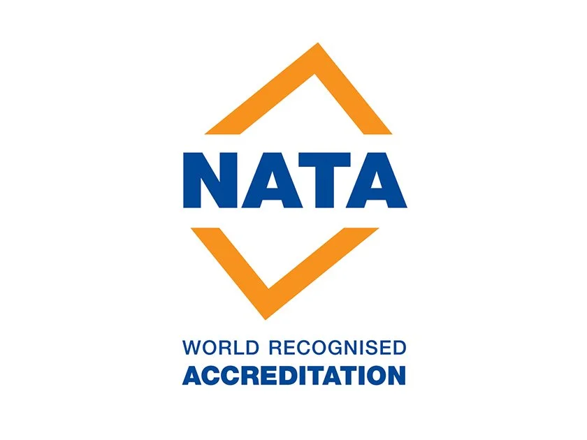 NATA logo with blue text and orange diamond shape surrounding it, and the words "World Recognised Accreditation" below.