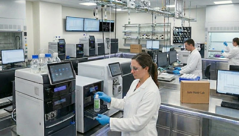 Two scientists in a laboratory, one male and one female, working at a table with large glass flasks filled with blue liquid, surrounded by lab equipment and shelves with chemicals, with a clock showing 2:15.
