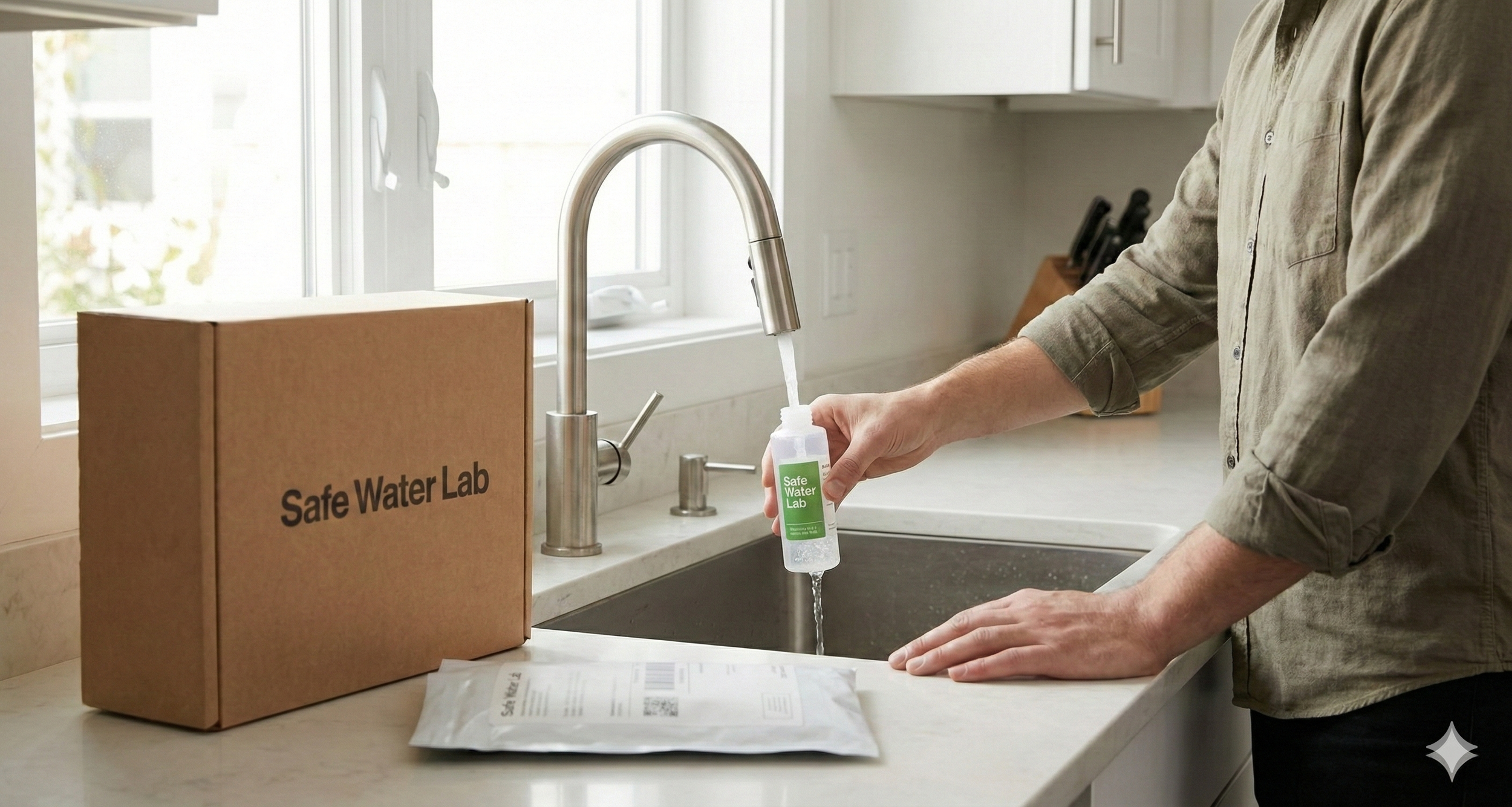 Illustration of a woman cleaning a kitchen countertop with cleaning spray, near the sink, with various cleaning supplies on the counter.