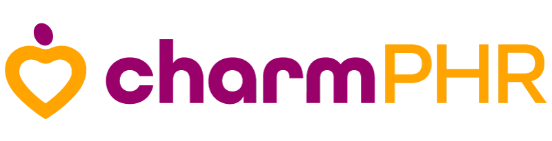 CharmPHR logo with stylized heart and text in purple and orange