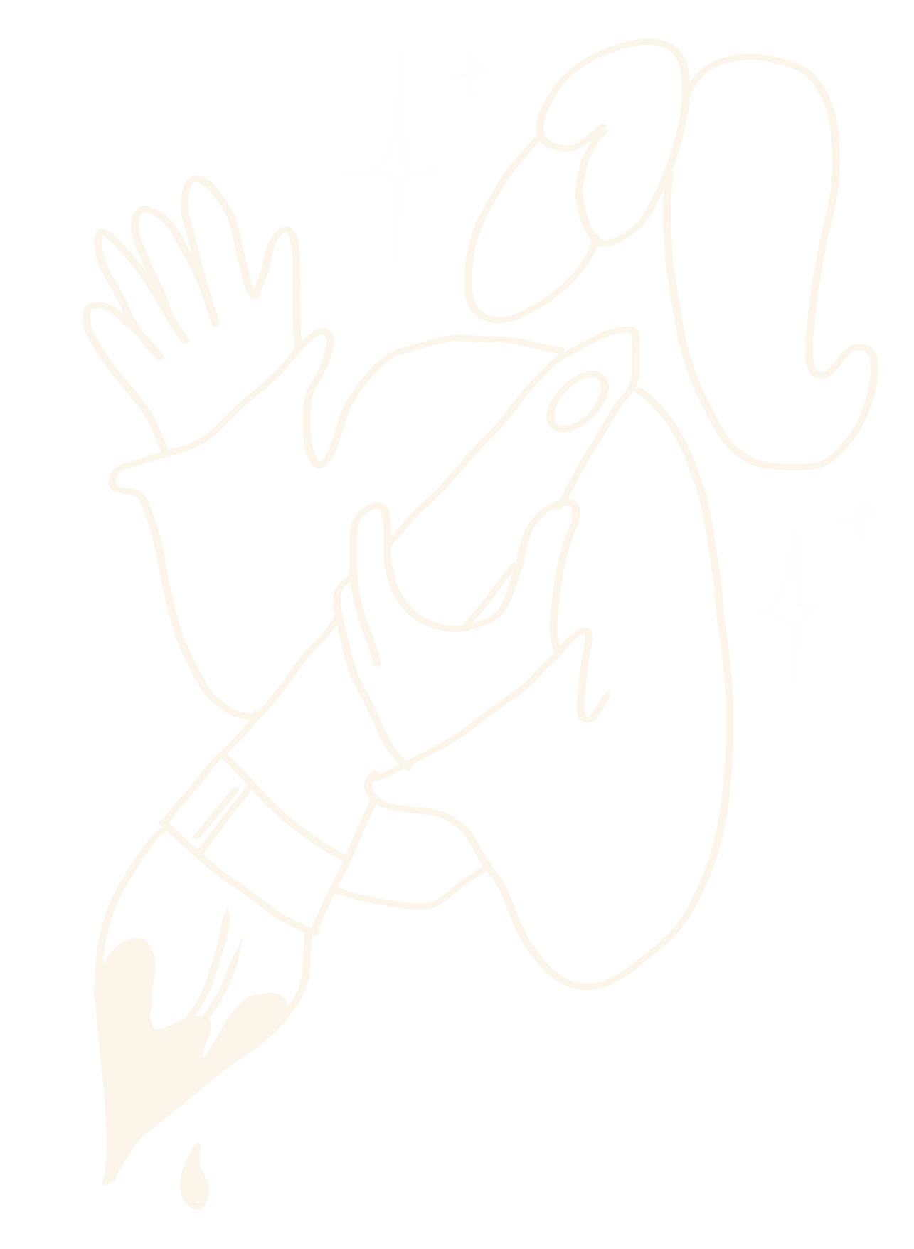 Line art illustration of a hand holding a pencil, with a large eye on the wrist and star-like sparkles around. The drawing is in white on a black background.