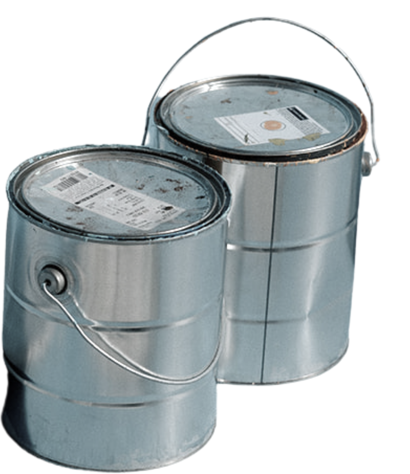 Two metal paint cans with labels and a handle, one stacked on top of the other.