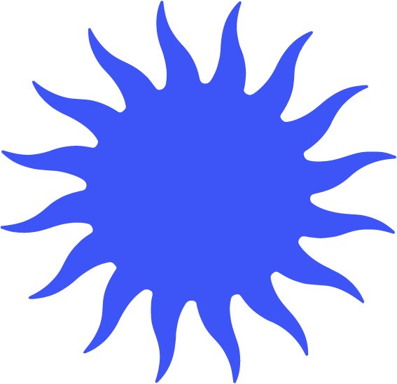 A blue, spiky, sun-shaped graphic with numerous irregular, wavy rays extending outward from a central circle.