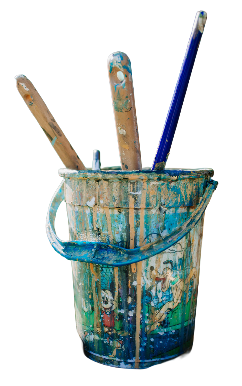A paint-covered bucket featuring images of Disney characters Mickey Mouse and Pluto, with paintbrushes and a paint roller inside, all showing signs of regular use.