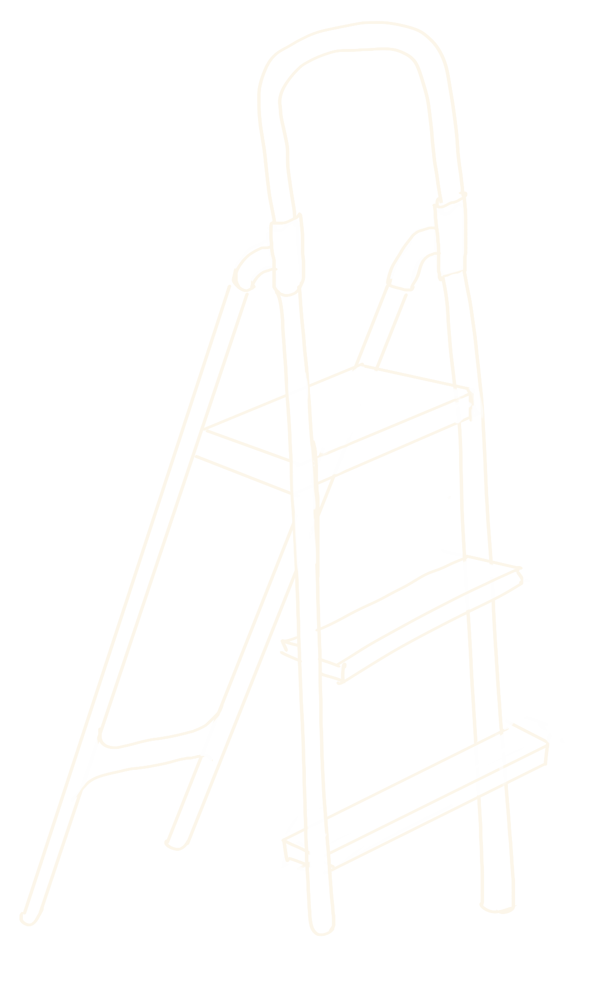 Line drawing of a three-step ladder with a top handle on a black background.