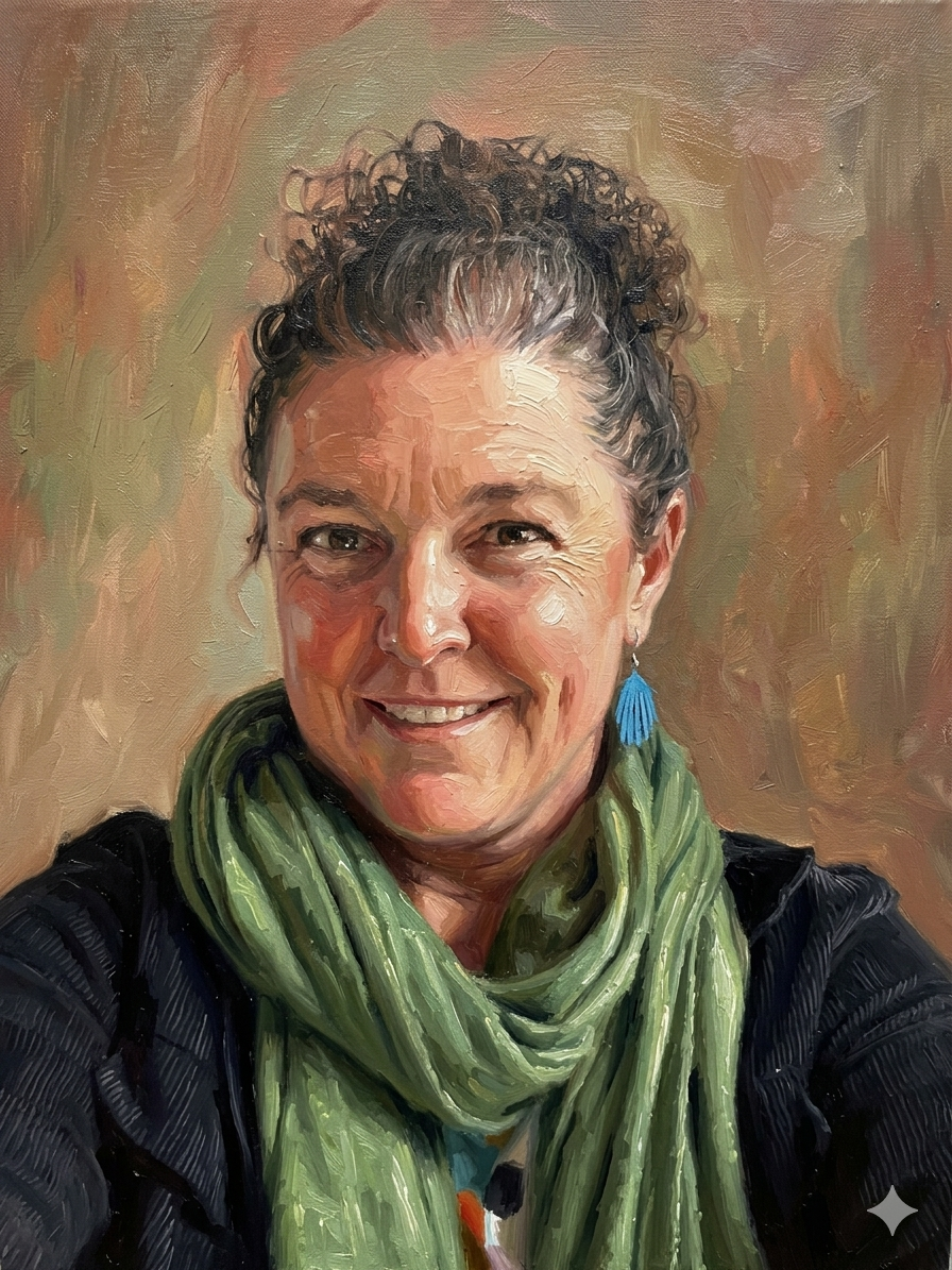 A woman with curly hair smiling, wearing a green scarf and blue earrings, in a painterly style.