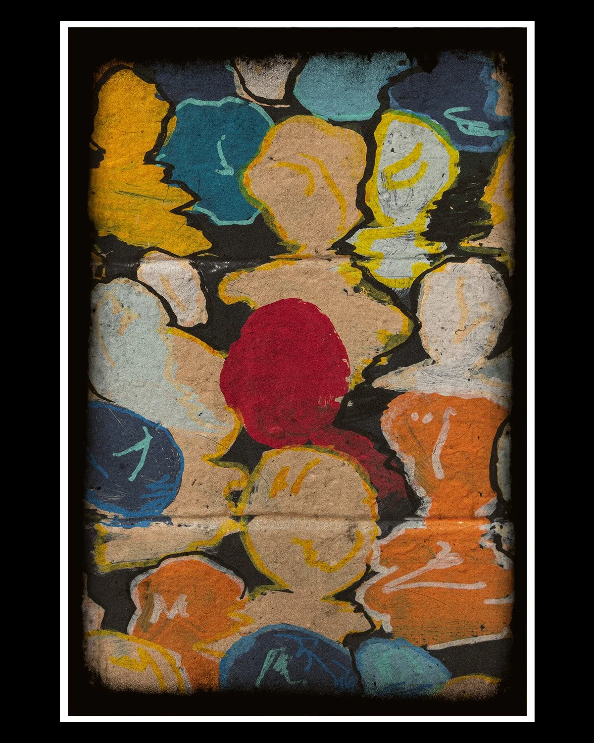 Colorful abstract painting of variously shaped rocks or stones outlined in black, with some featuring smiley faces; background is black.