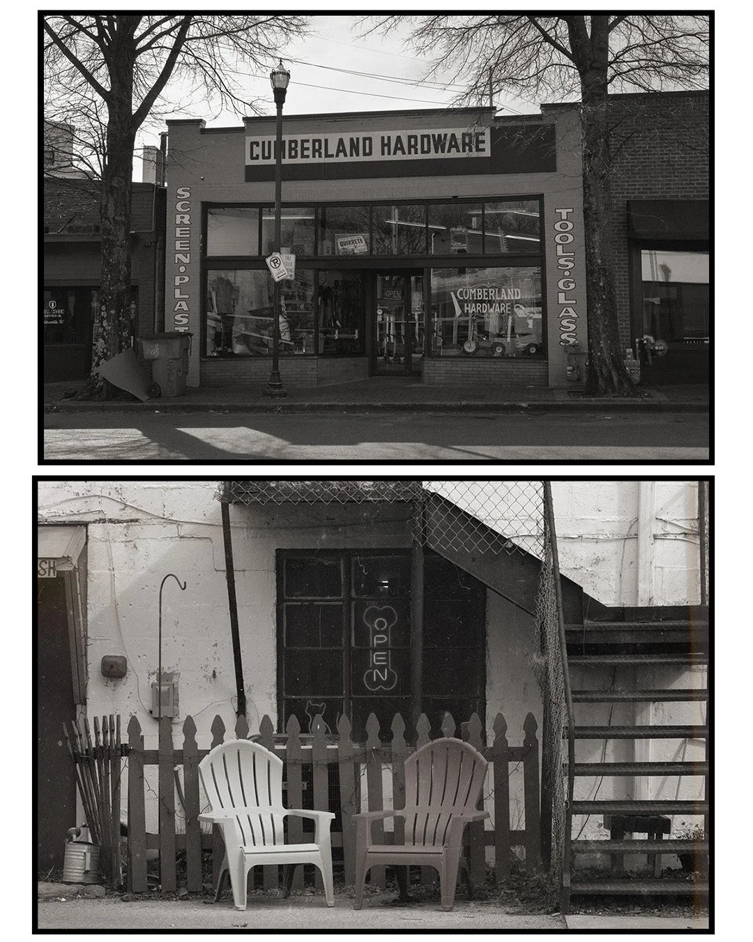 A black and white photo of two storefronts. The top storefront is Clydeberland Hardware with large glass windows and a sign displaying tools and hardware inside. The bottom storefront shows a small door with a 'Open' sign, two chairs outside, a picke