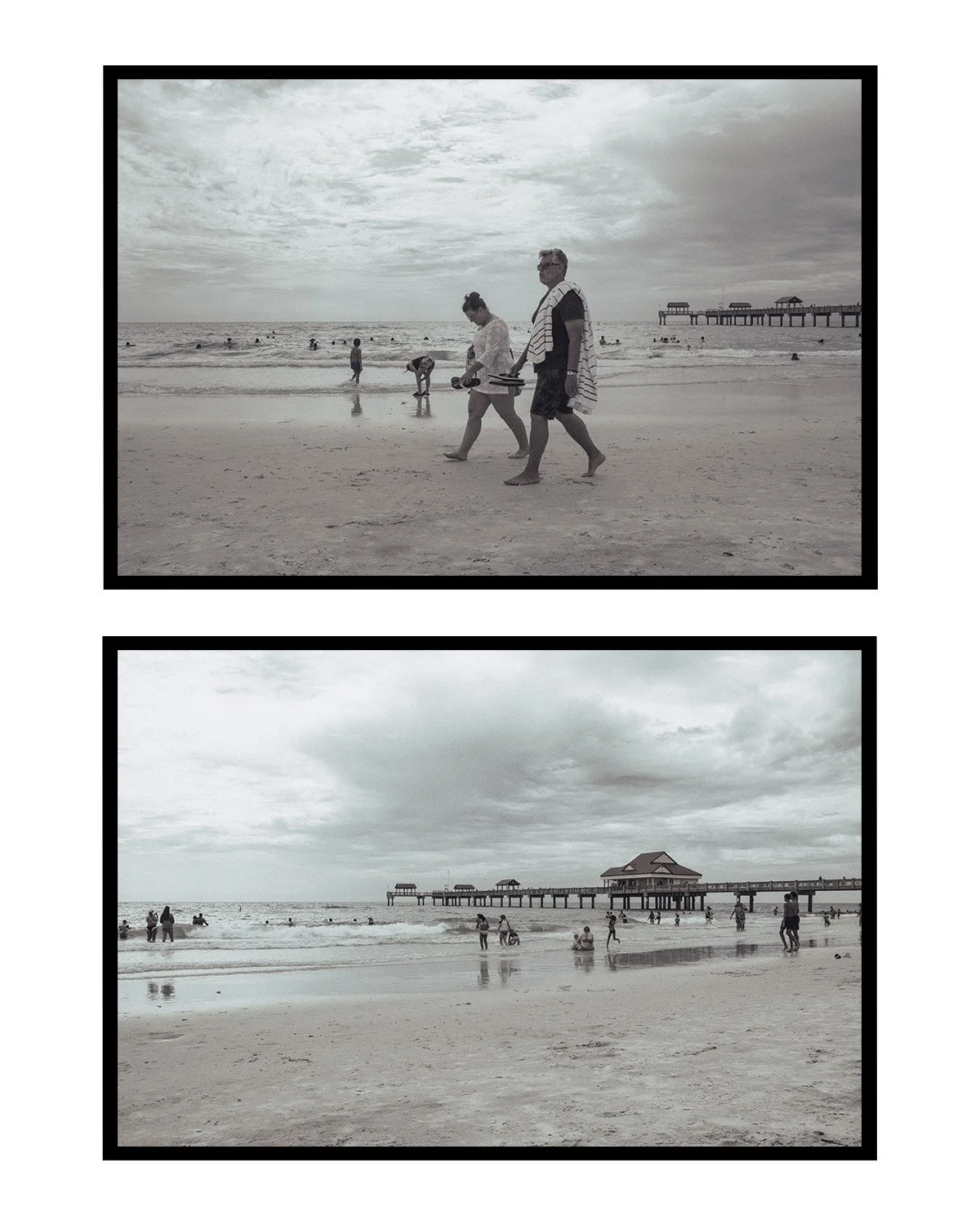 Black and white photos of a beach scene with people, a pier, and clouds in the sky.