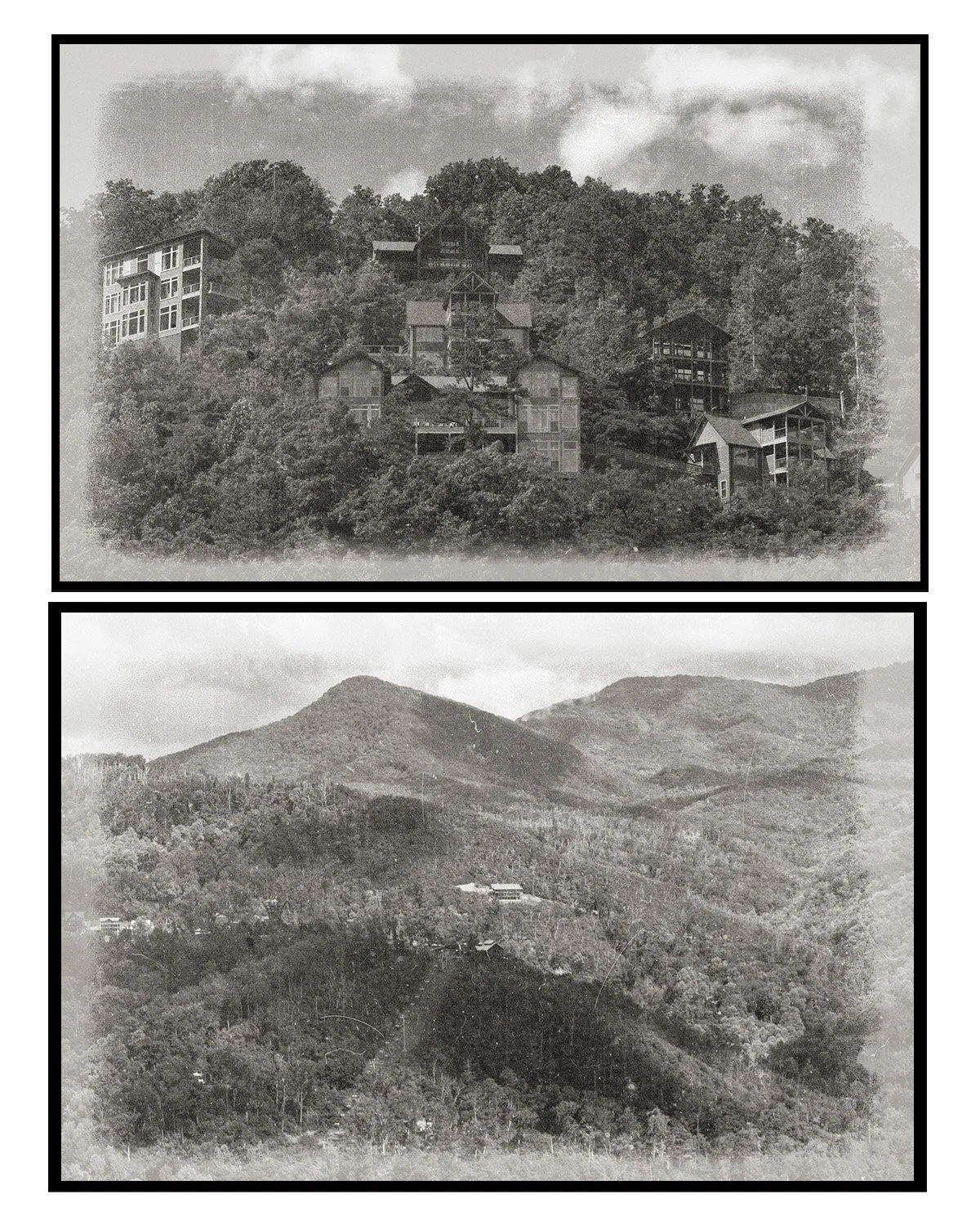 Black and white photograph of a hillside with multiple houses and a mountain landscape in the background.