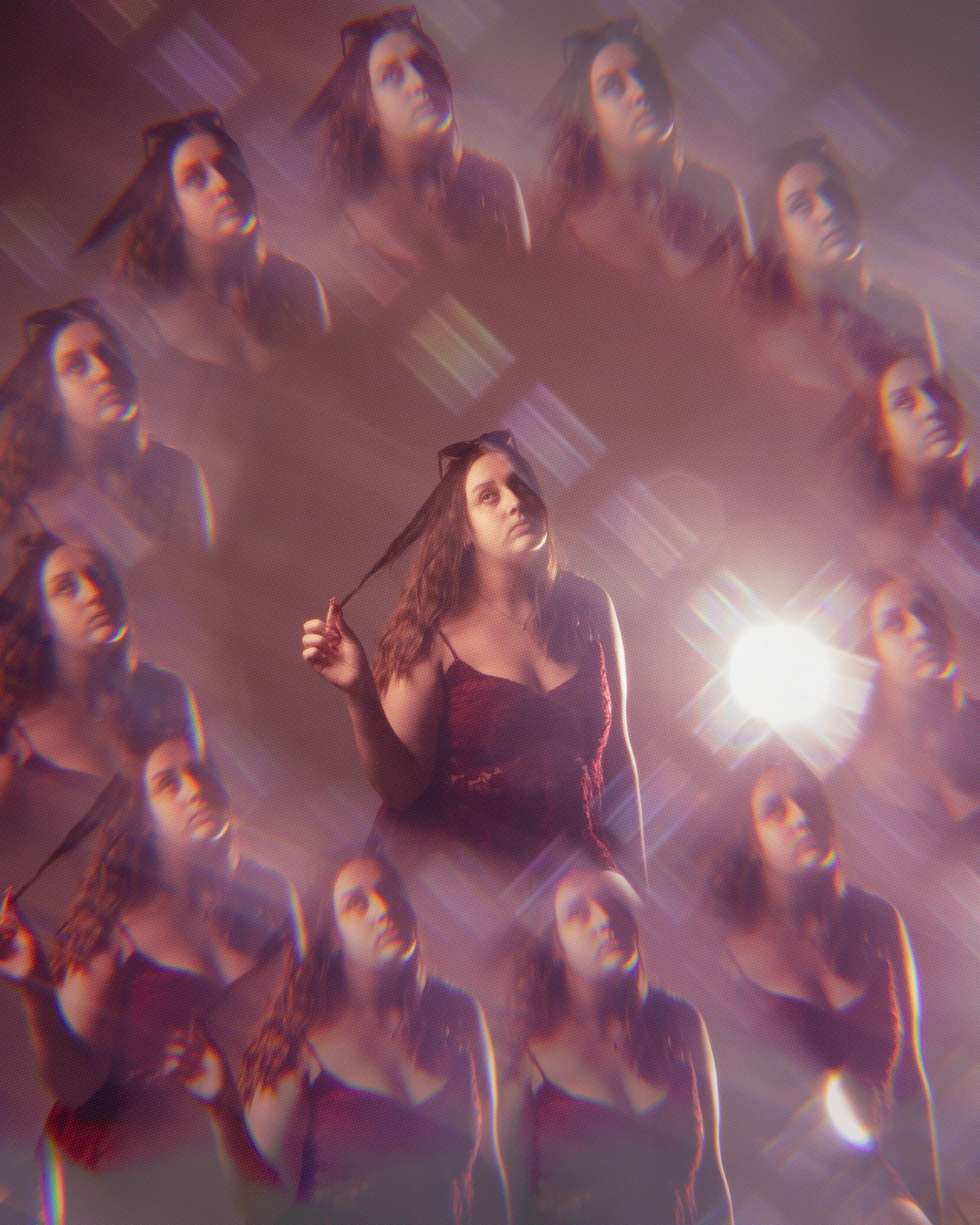 Multiple repeated images of a young woman with dark curly hair and sunglasses on her head, wearing a dark dress, with a bright light behind her creating a starburst effect and a surreal, layered visual appearance.