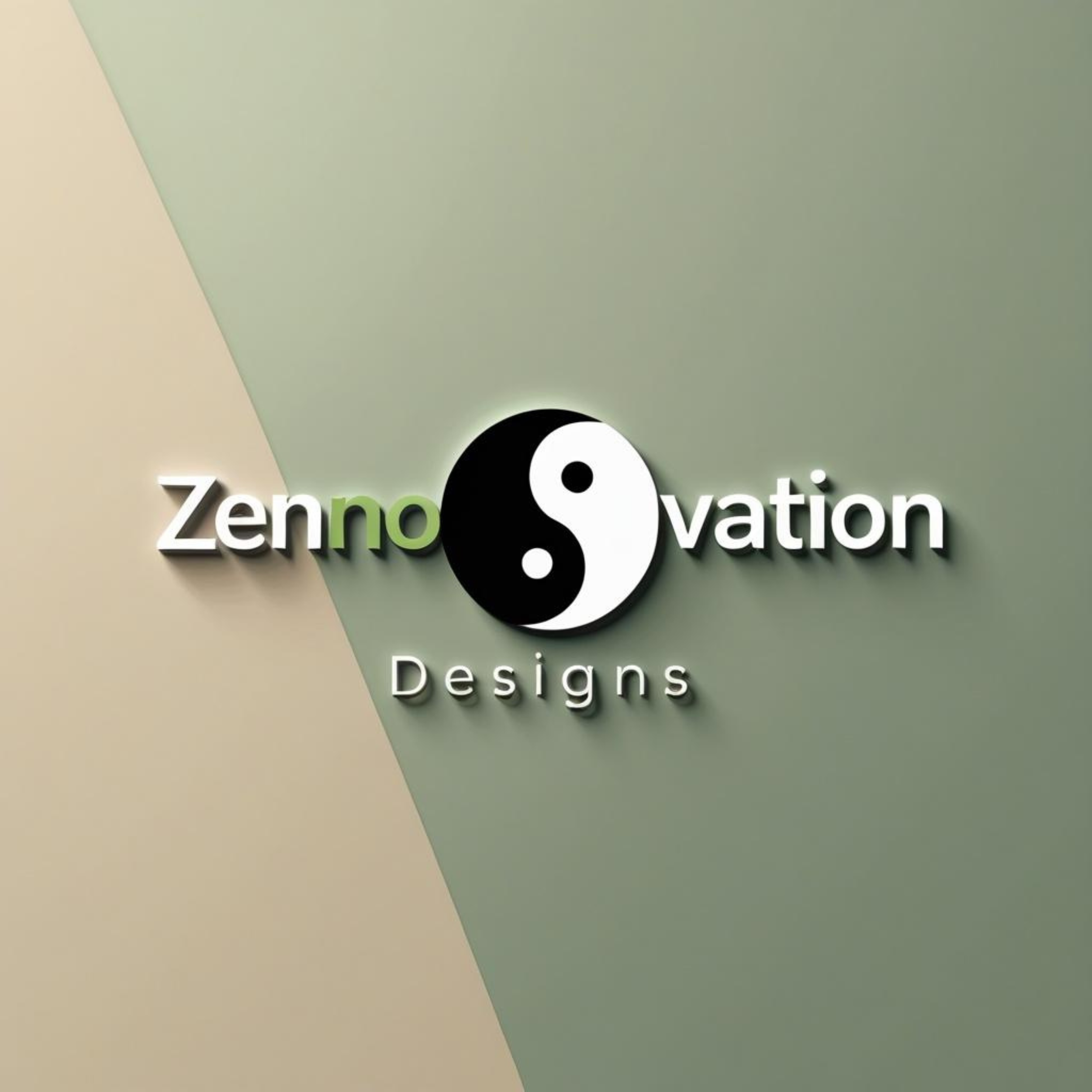 Sign for ZennoVation Designs featuring a yin-yang symbol surrounded by the text 'ZennoVation Designs' on a two-tone wall.