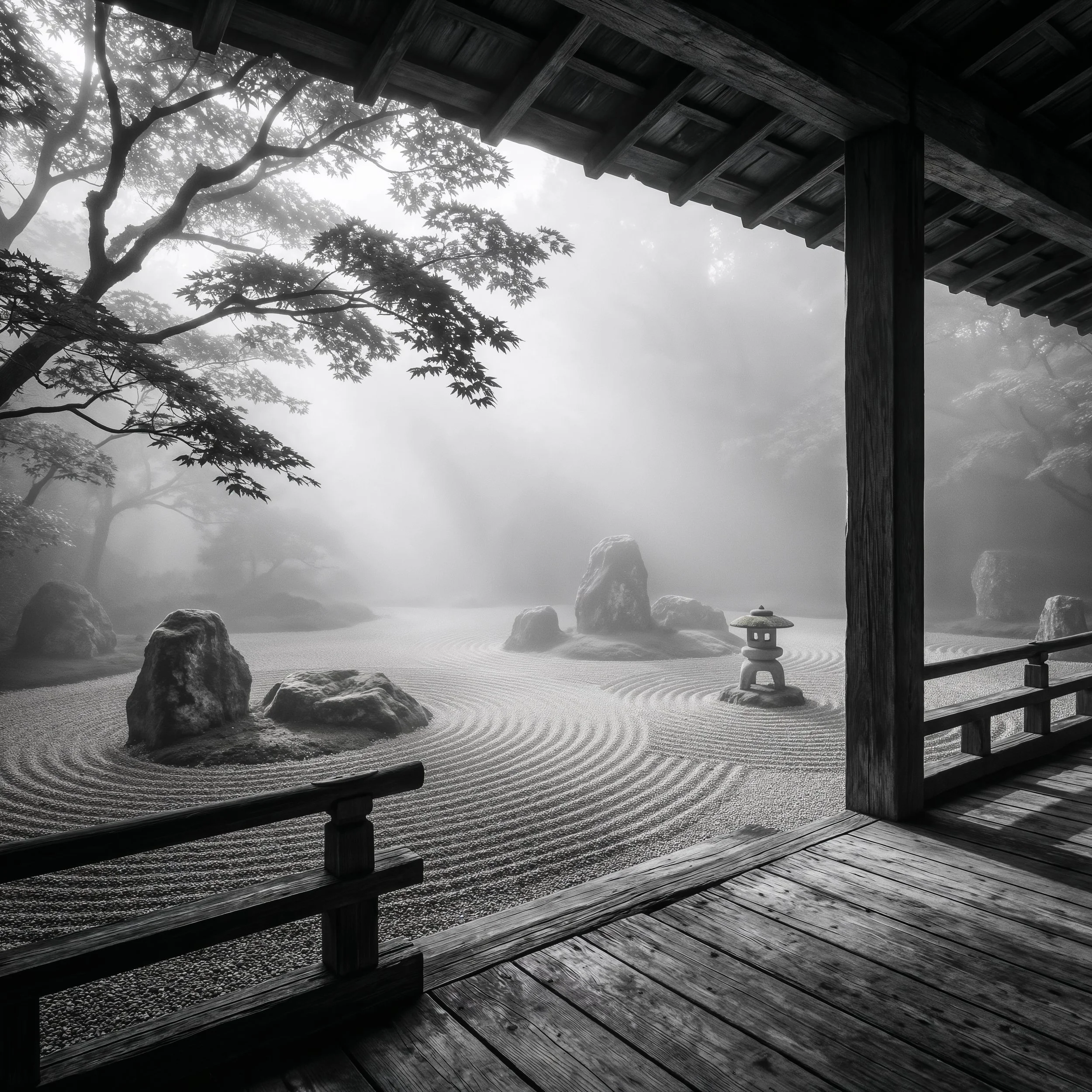 Black and white photograph of a Japanese Zen garden with raked gravel, rocks, and a stone lantern, viewed from the wooden porch of a traditional structure, with misty trees in the background.